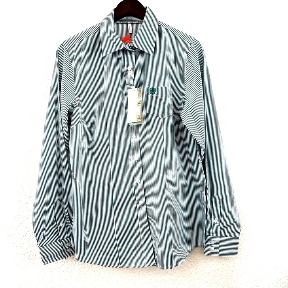 NWT Cinch Women's Tencel Arena Fit Teal Striped Western Button Down Shirt L